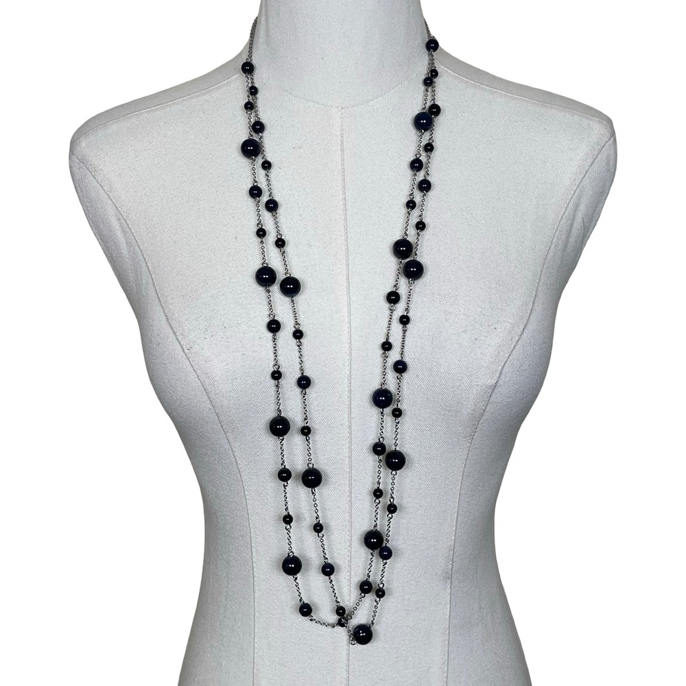 Talbots Beaded Station Necklace‎ Women Blue Silver Tone Layered Chain Boho